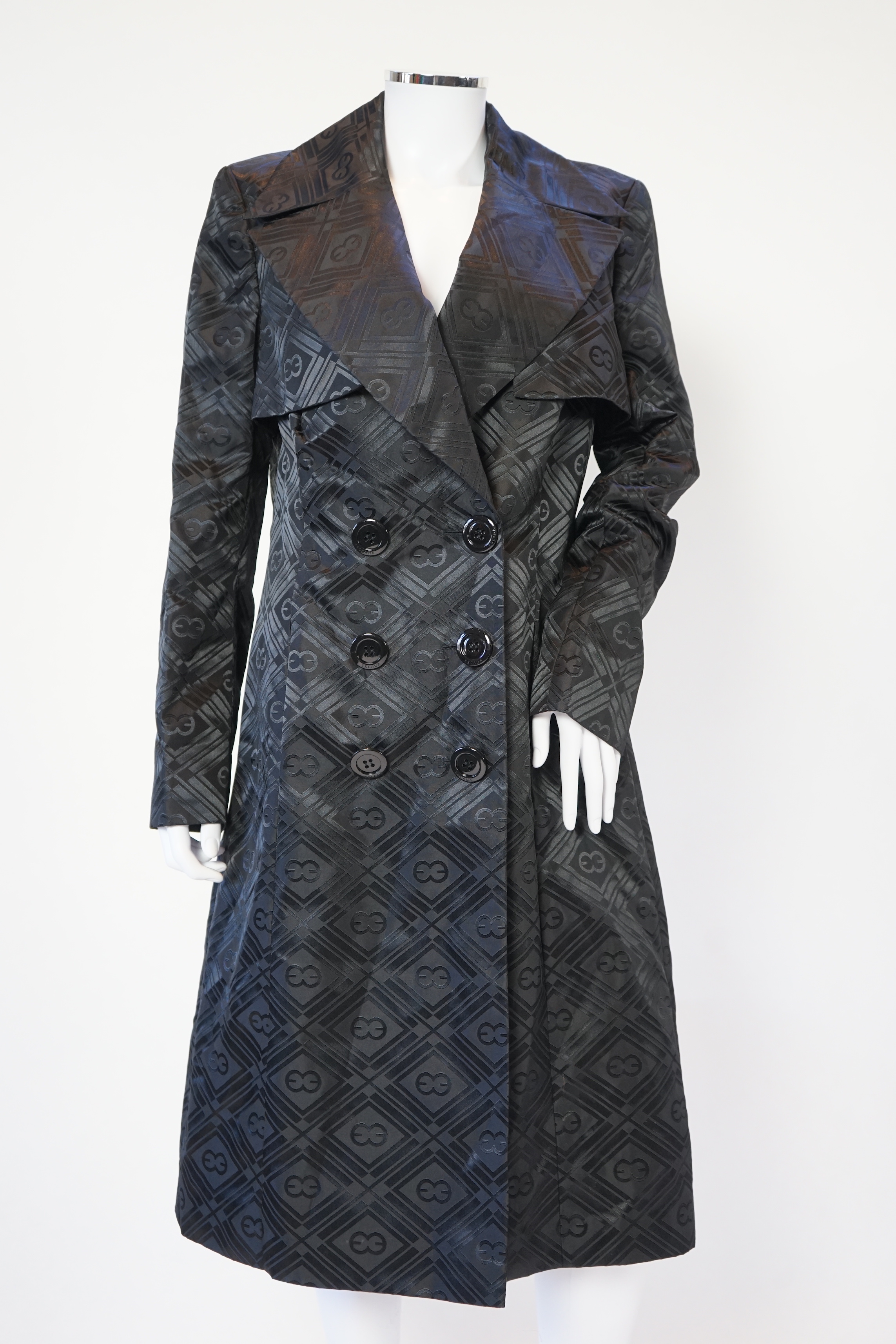 A Escada lady's monogram black trench coat, size 38
